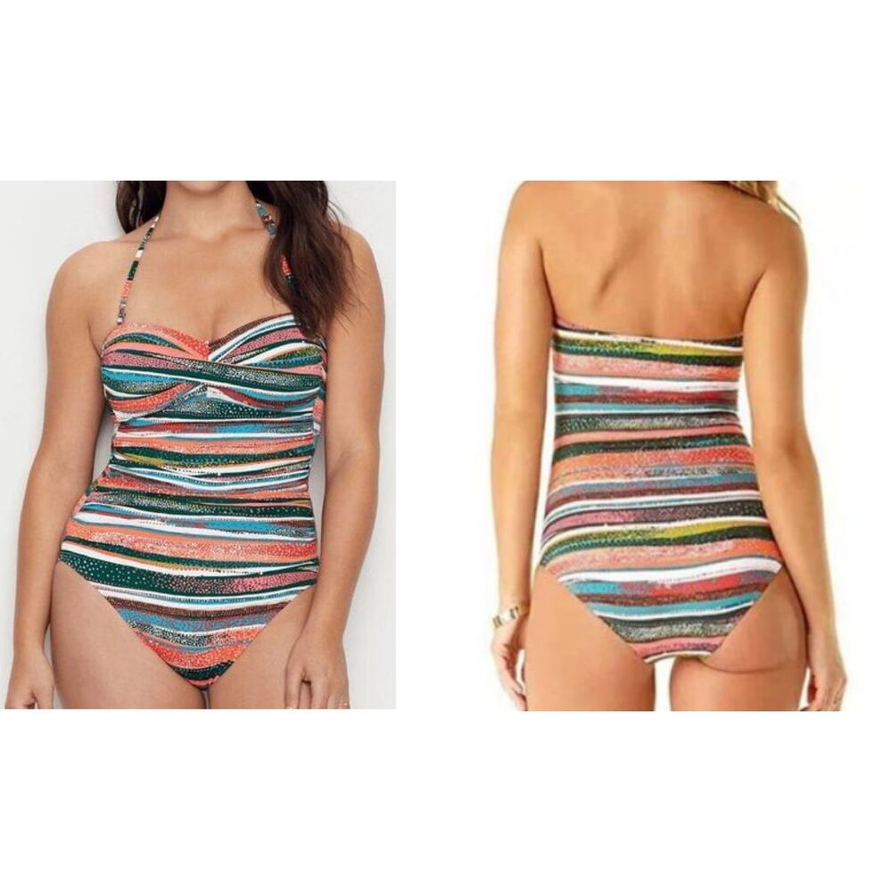 Anne Cole One Piece Swimsuit 12 Striped Ruched Sweetheart Tummy Control Halter